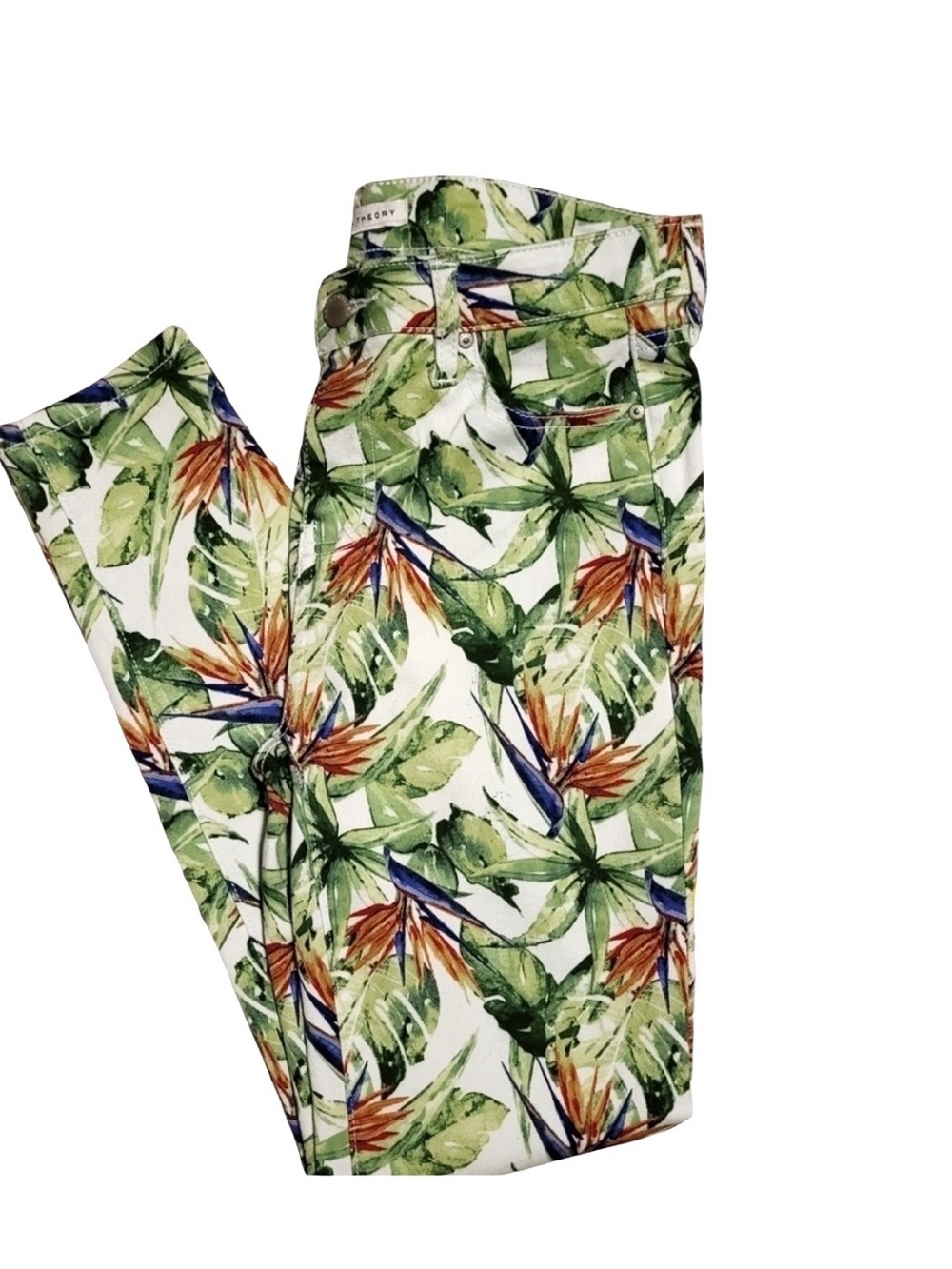 Truth + Theory White Cotton Blend  Five Pocket Floral Print Straight Leg Pants
